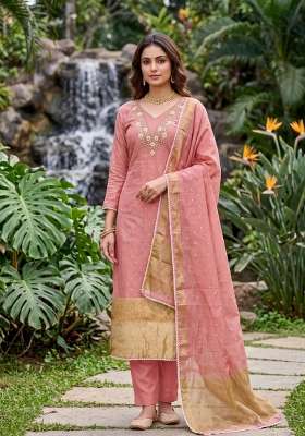Peach Weaving Work Cotton Material Suit Set