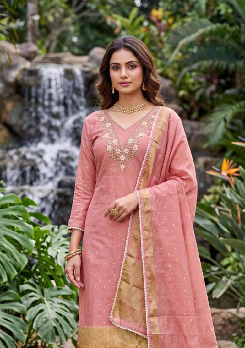 Peach Weaving Work Cotton Material Suit Set - Indya