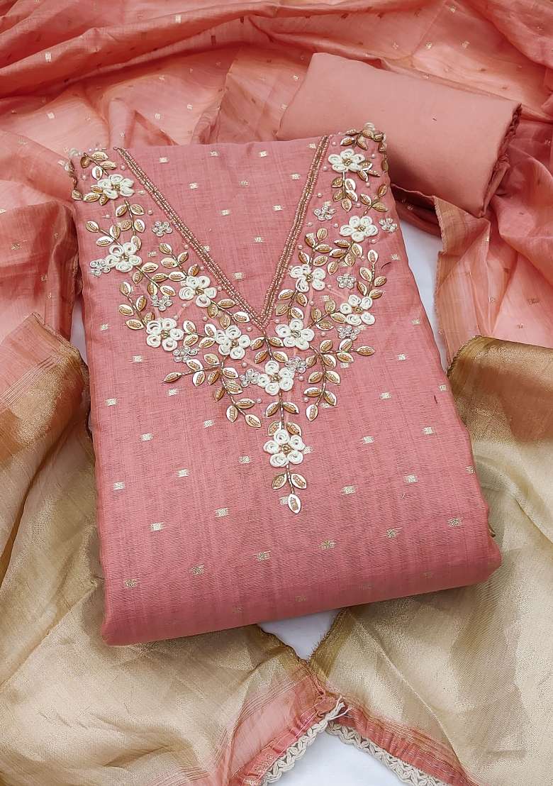Peach Weaving Work Cotton Material Suit Set - Indya