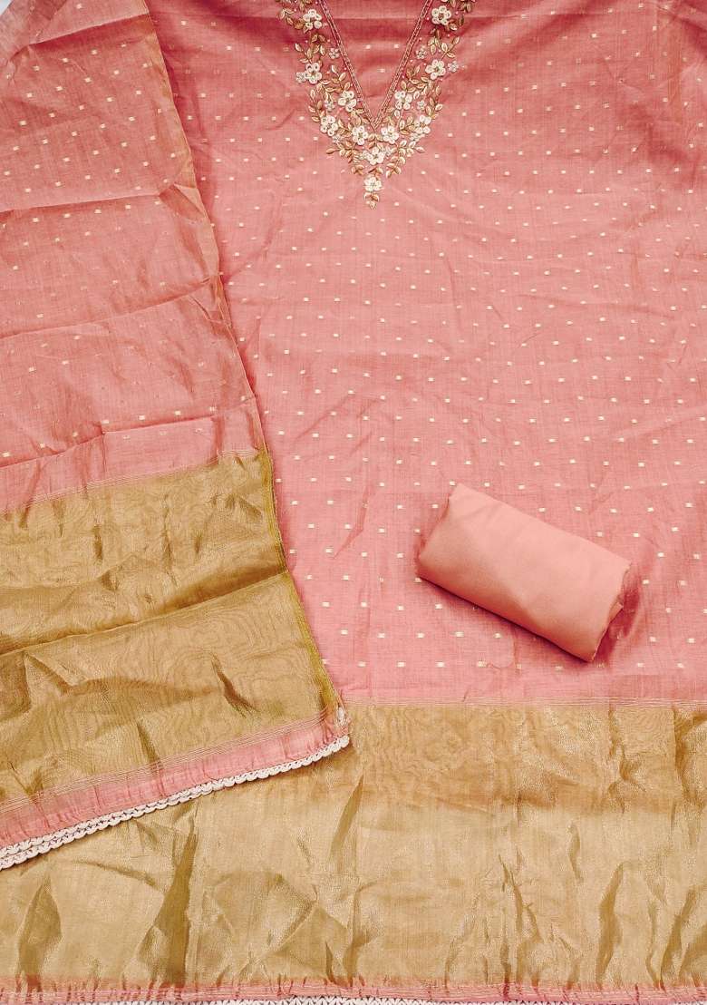 Peach Weaving Work Cotton Material Suit Set - Indya