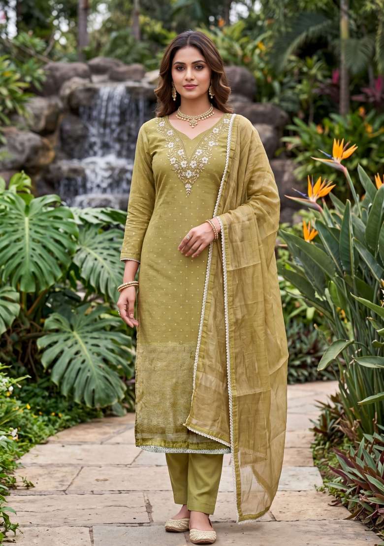 Light Green Weaving Work Cotton Material Suit Set - Indya