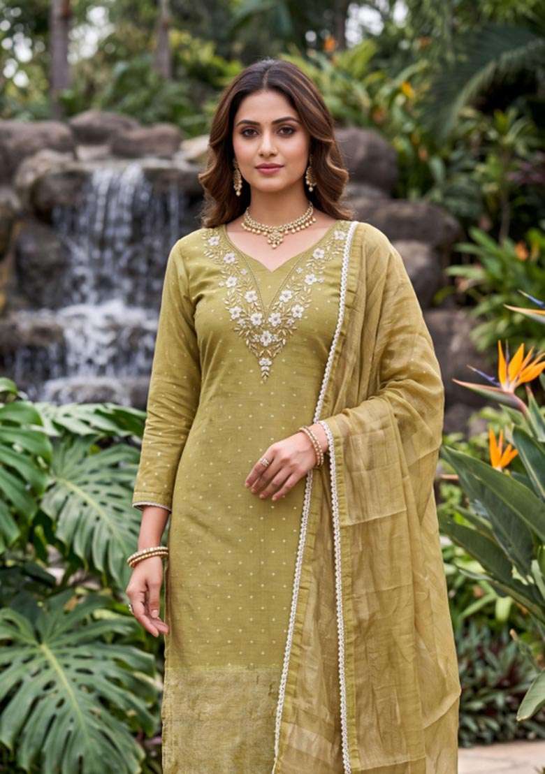 Light Green Weaving Work Cotton Material Suit Set - Indya