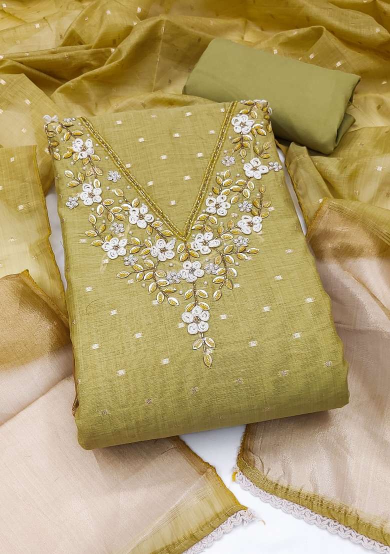 Light Green Weaving Work Cotton Material Suit Set - Indya