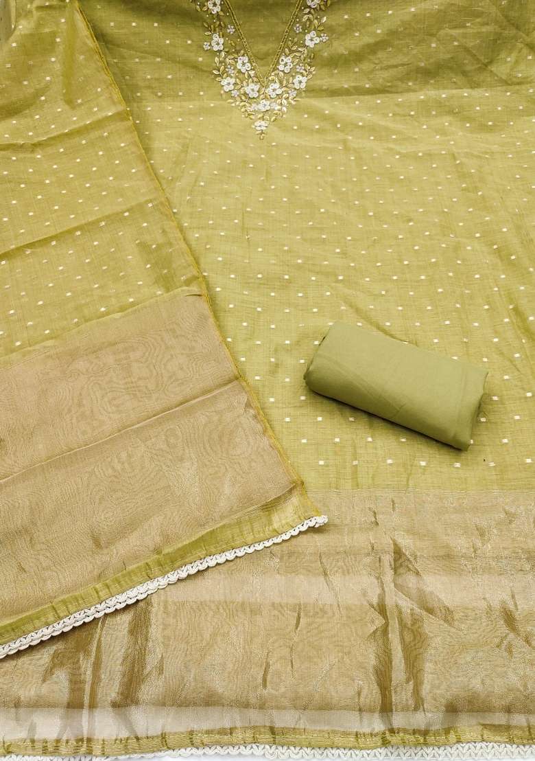 Light Green Weaving Work Cotton Material Suit Set - Indya
