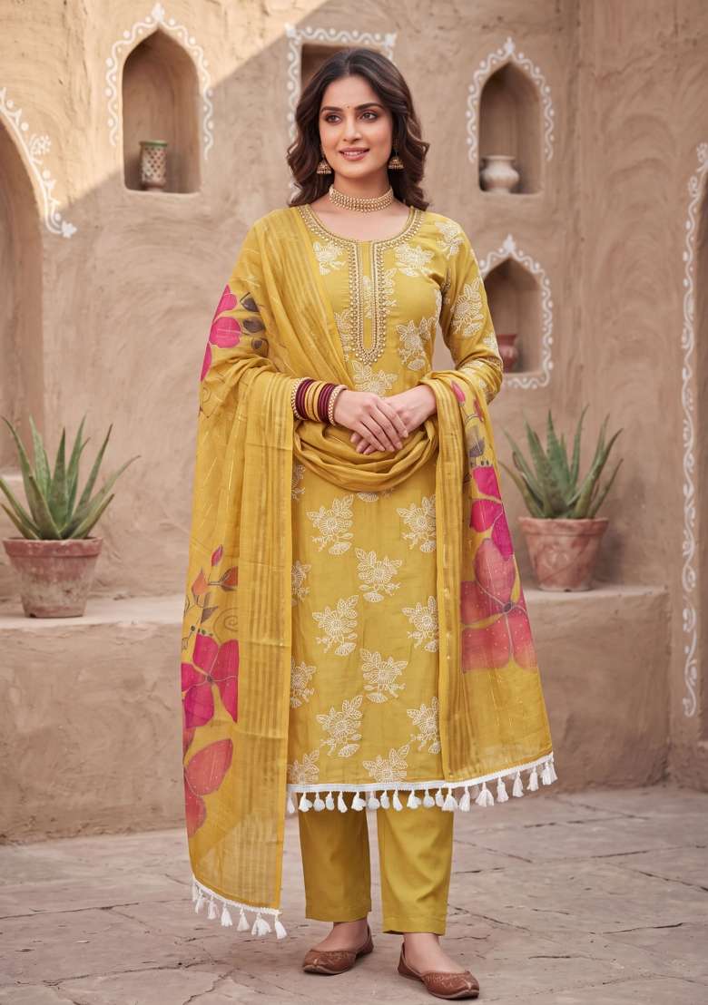 Light Green Embroidery Silk Material Suit Set - Indya