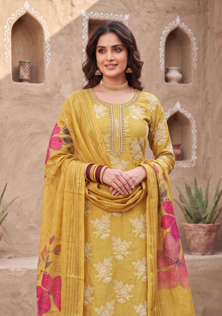 Light Green Embroidery Silk Material Suit Set - Indya