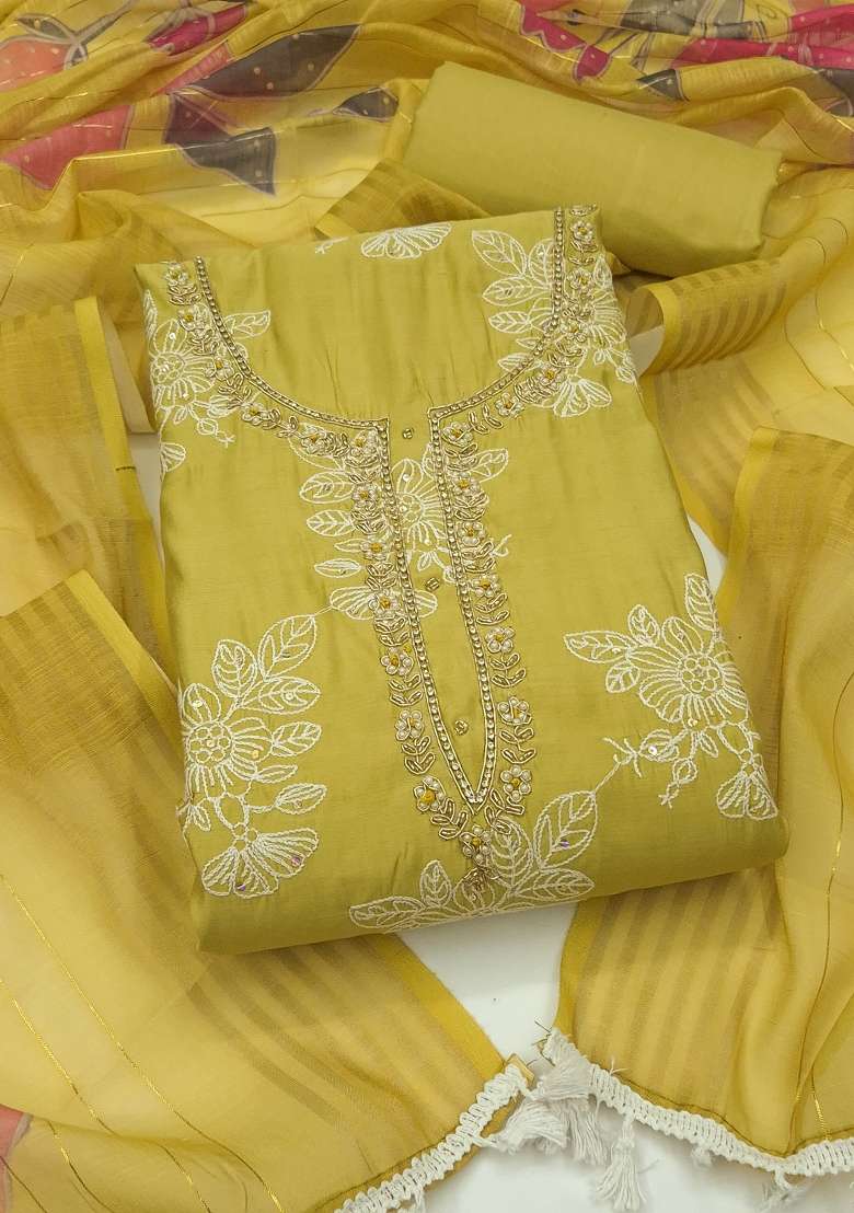 Light Green Embroidery Silk Material Suit Set - Indya