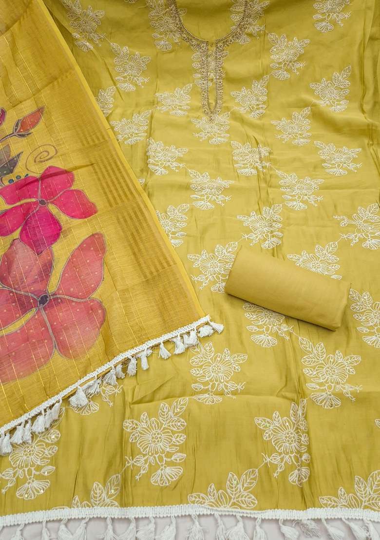 Light Green Embroidery Silk Material Suit Set - Indya