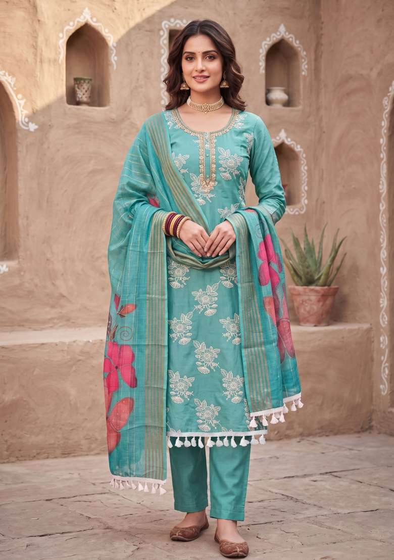 Sea Green Embroidery Silk Material Suit Set - Indya
