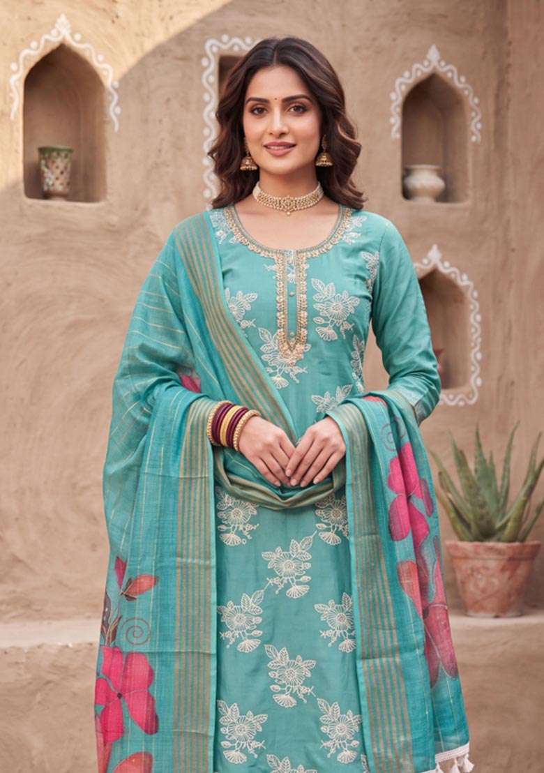 Sea Green Embroidery Silk Material Suit Set - Indya