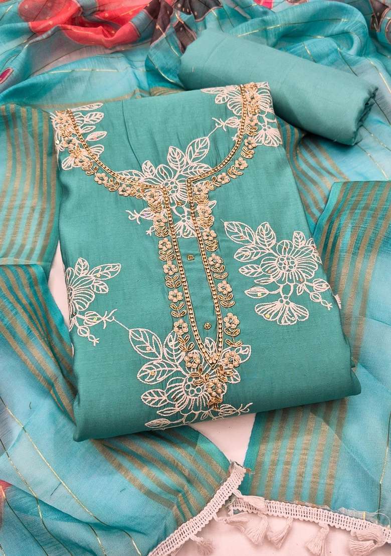 Sea Green Embroidery Silk Material Suit Set - Indya