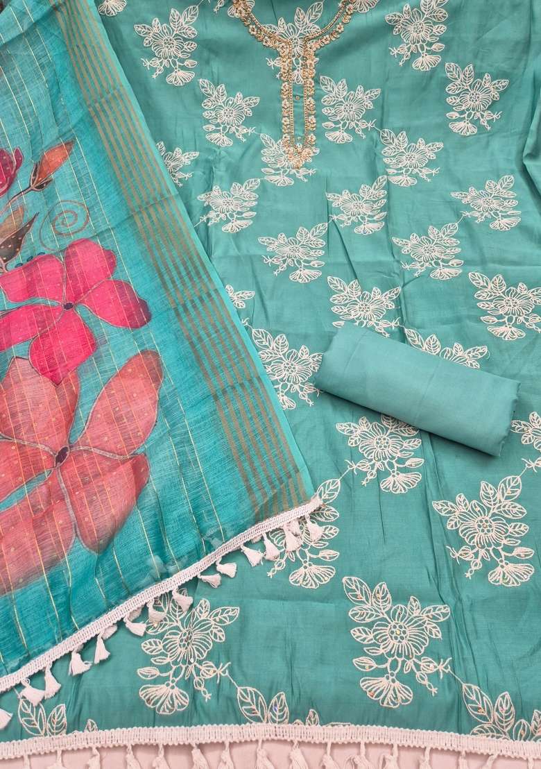 Sea Green Embroidery Silk Material Suit Set - Indya
