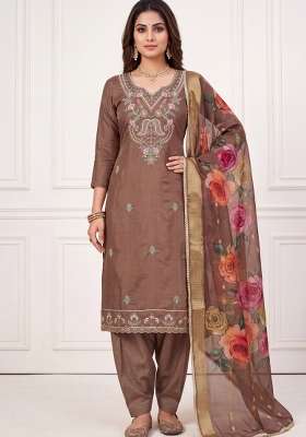 Brown Embroidery Silk Material Suit Set
