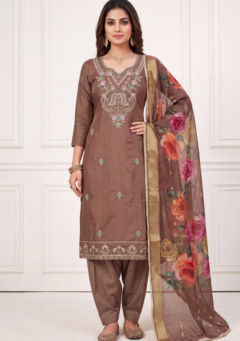 Brown Embroidery Silk Material Suit Set - Indya