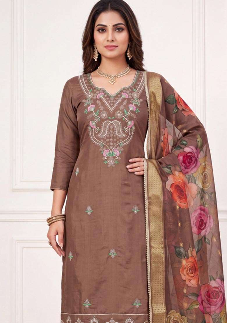 Brown Embroidery Silk Material Suit Set - Indya