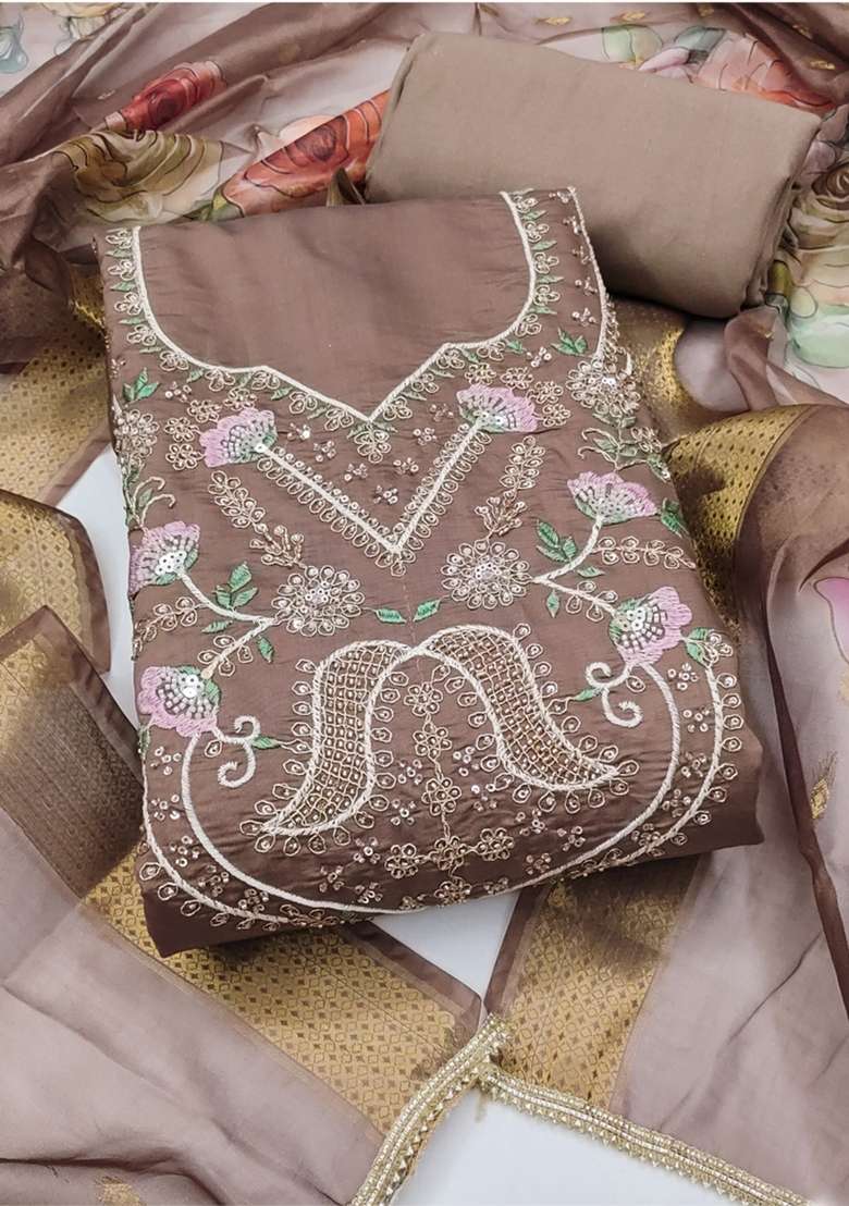 Brown Embroidery Silk Material Suit Set - Indya