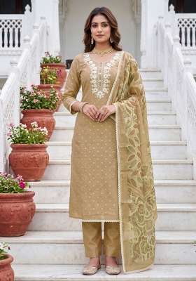 Beige Embroidery Cotton Material Suit Set