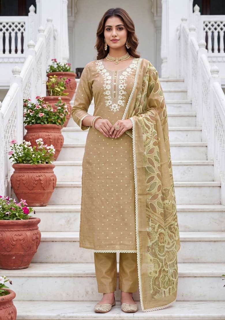 Beige Embroidery Cotton Material Suit Set - Indya