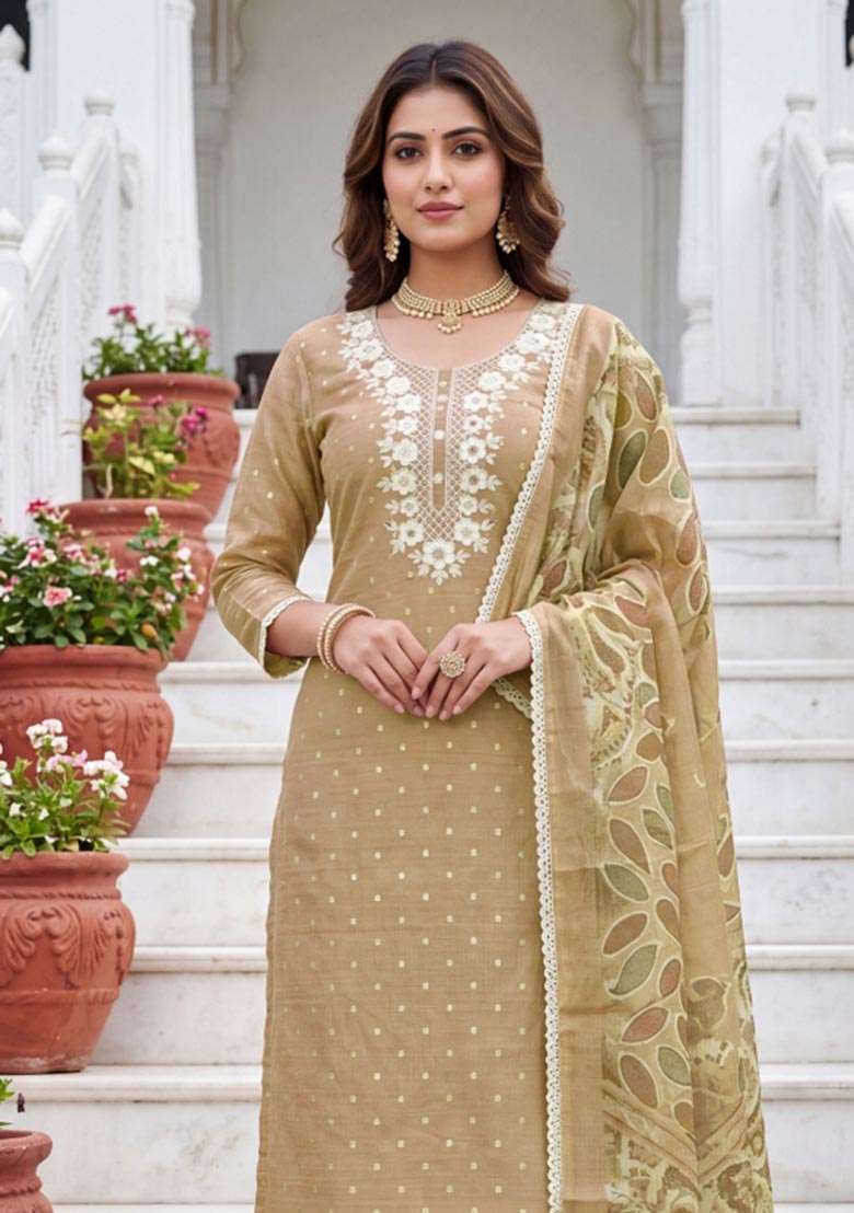 Beige Embroidery Cotton Material Suit Set - Indya