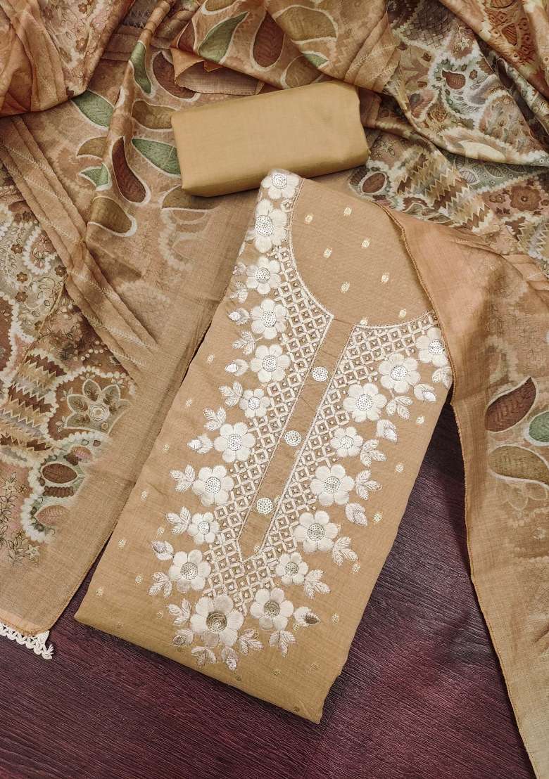 Beige Embroidery Cotton Material Suit Set - Indya