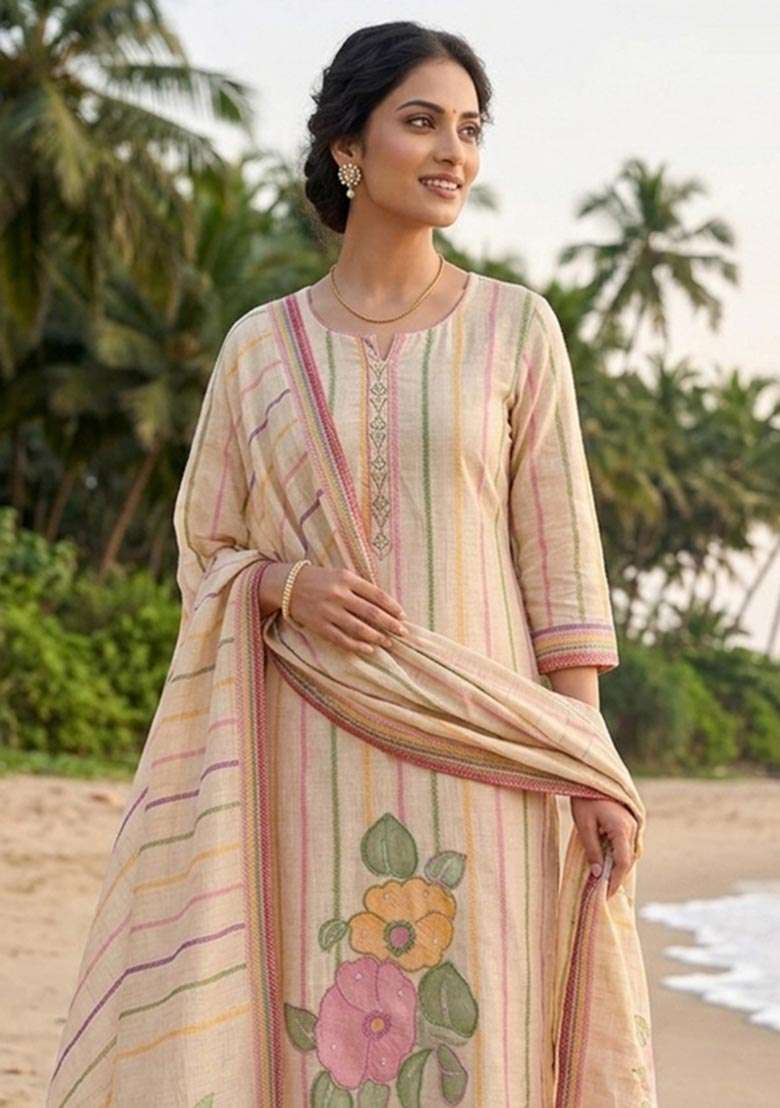 Multicolor Weaving Work Silk Material Suit Set - Indya