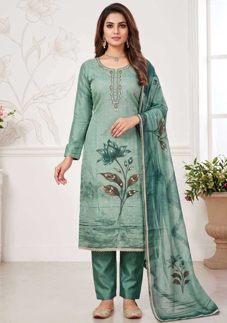 Sea Green Printed Cotton Material Suit Set - Indya