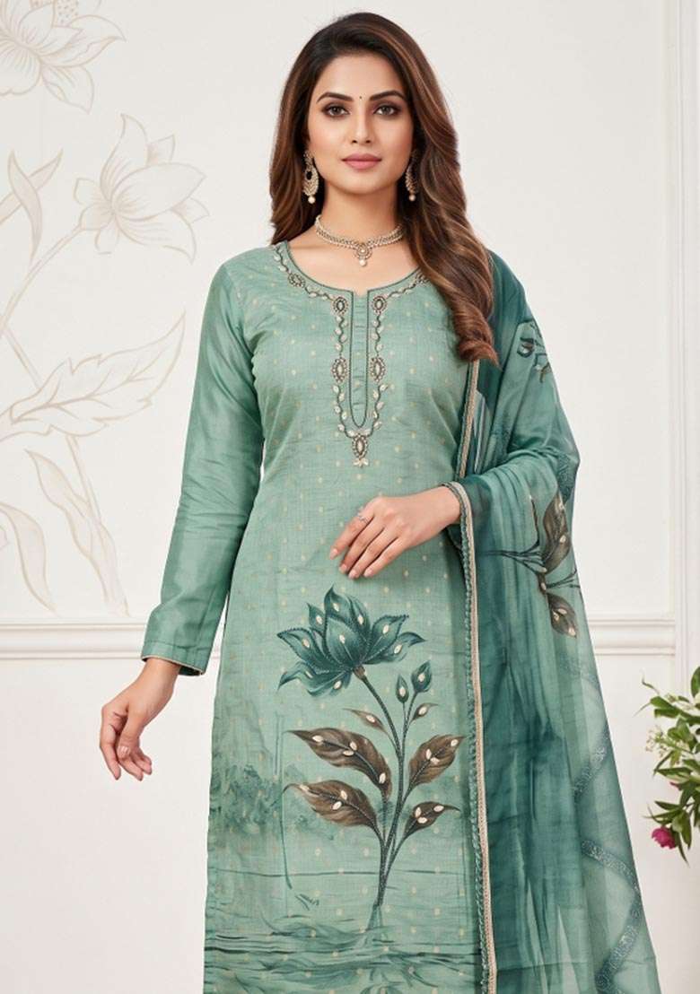 Sea Green Printed Cotton Material Suit Set - Indya