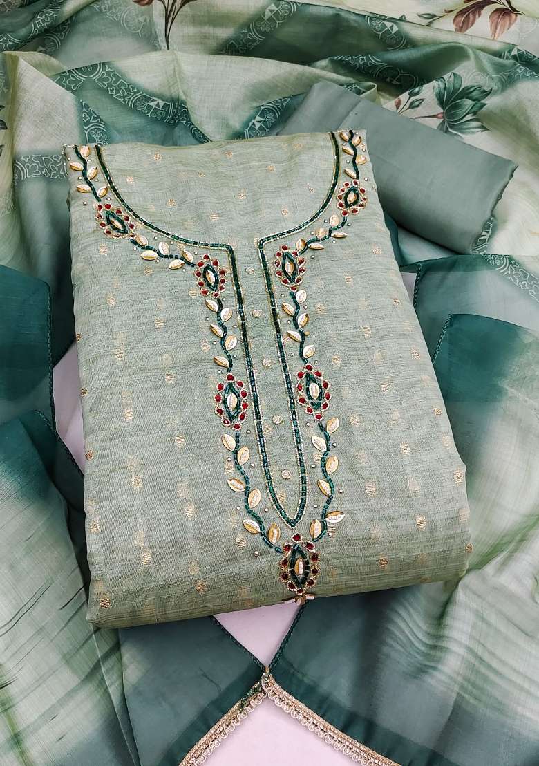 Sea Green Printed Cotton Material Suit Set - Indya