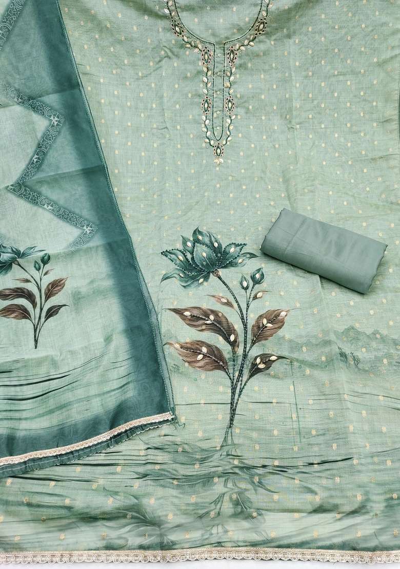 Sea Green Printed Cotton Material Suit Set - Indya