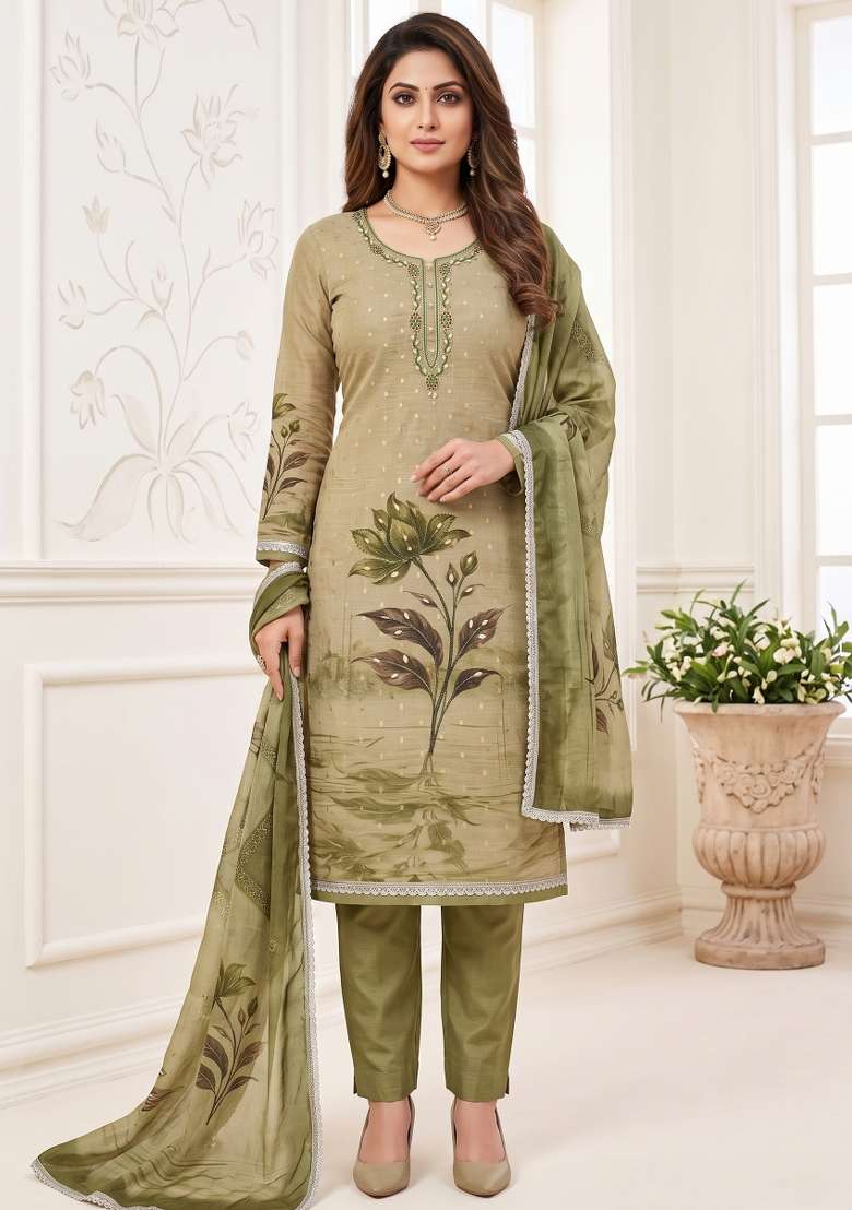 Light Green Printed Cotton Material Suit Set - Indya