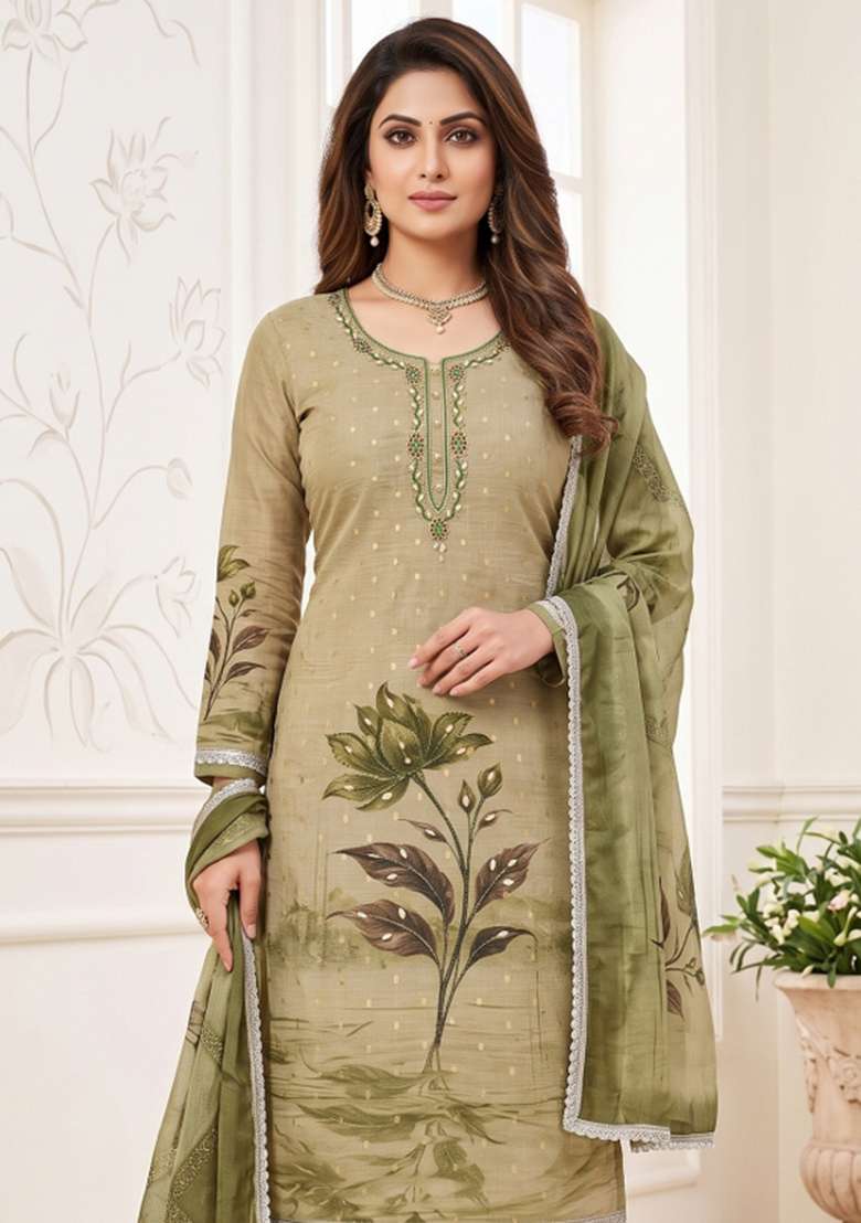Light Green Printed Cotton Material Suit Set - Indya