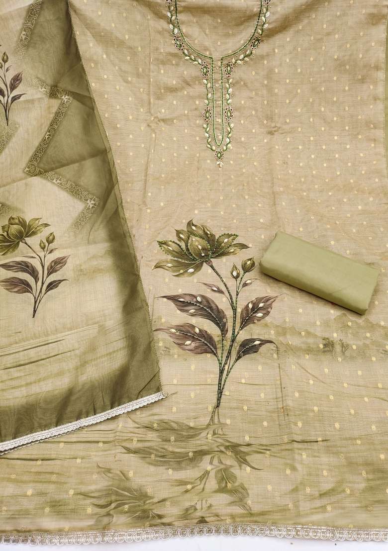 Light Green Printed Cotton Material Suit Set - Indya