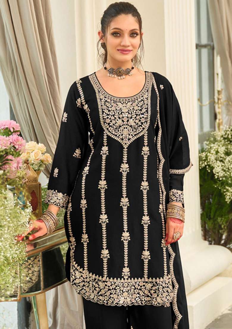 Black Embroidery Silk Kurta Set - Indya