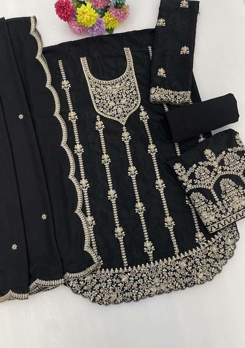 Black Embroidery Silk Kurta Set - Indya