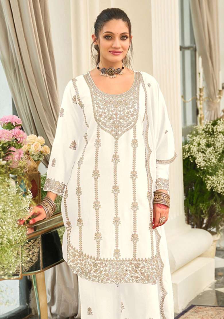 White Embroidery Silk Kurta Set - Indya
