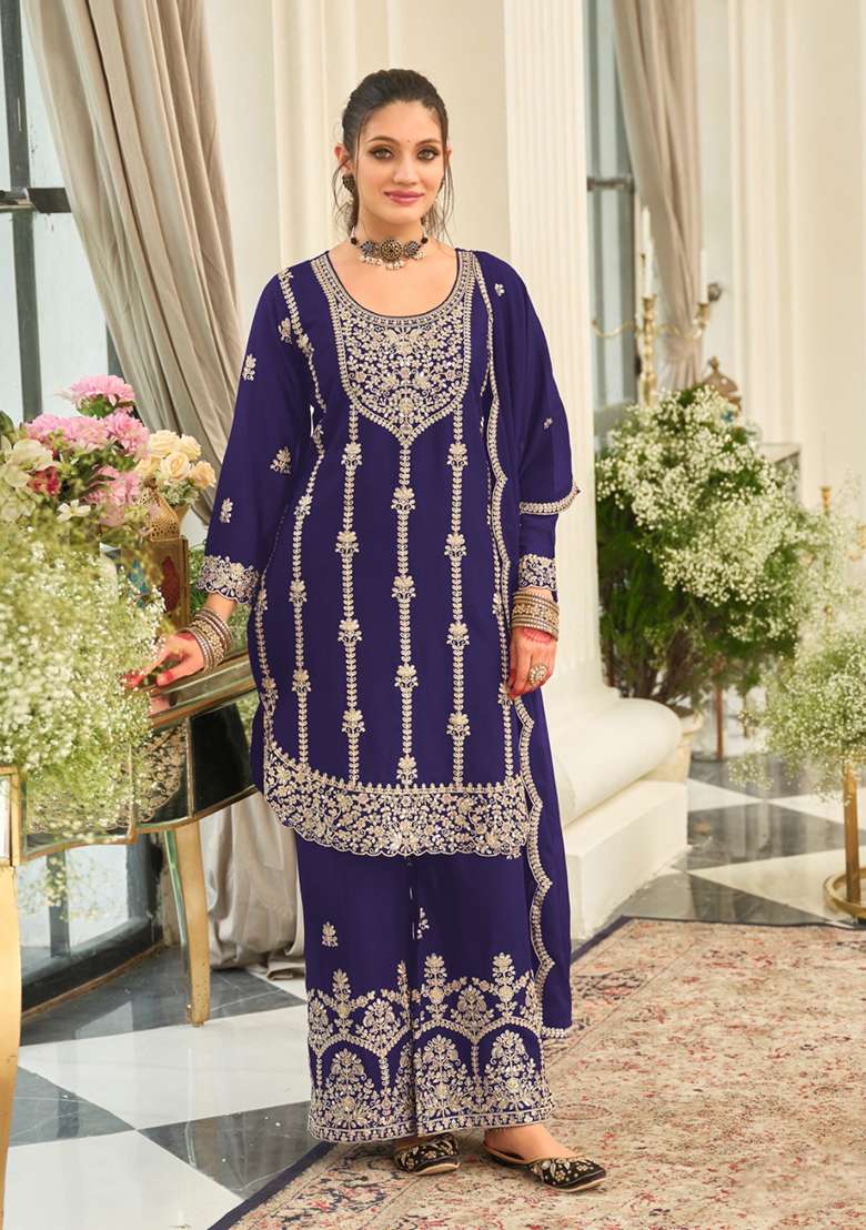 Royal Blue Embroidery Silk Kurta Set - Indya