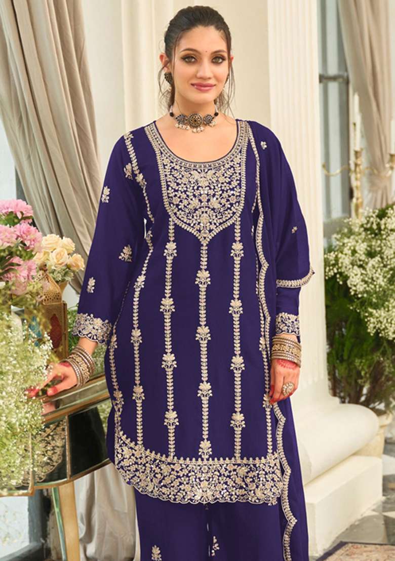 Royal Blue Embroidery Silk Kurta Set - Indya
