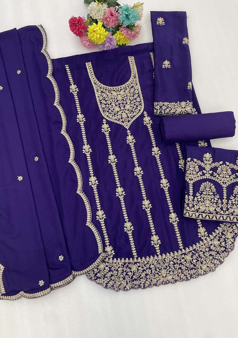 Royal Blue Embroidery Silk Kurta Set - Indya