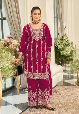 Dark Magenta Embroidery Silk Kurta Set