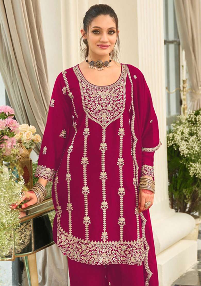 Dark Magenta Embroidery Silk Kurta Set - Indya