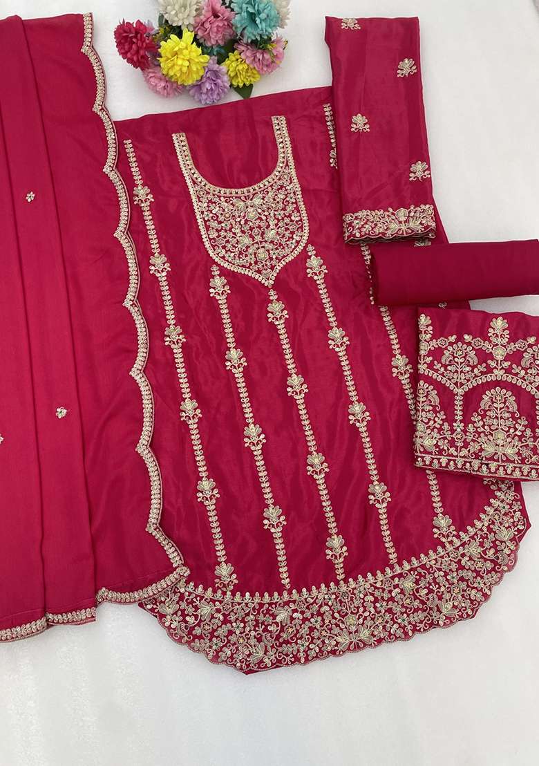 Dark Magenta Embroidery Silk Kurta Set - Indya