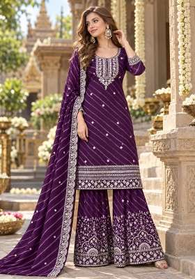 Purple Embroidered Georgette Kurta Set