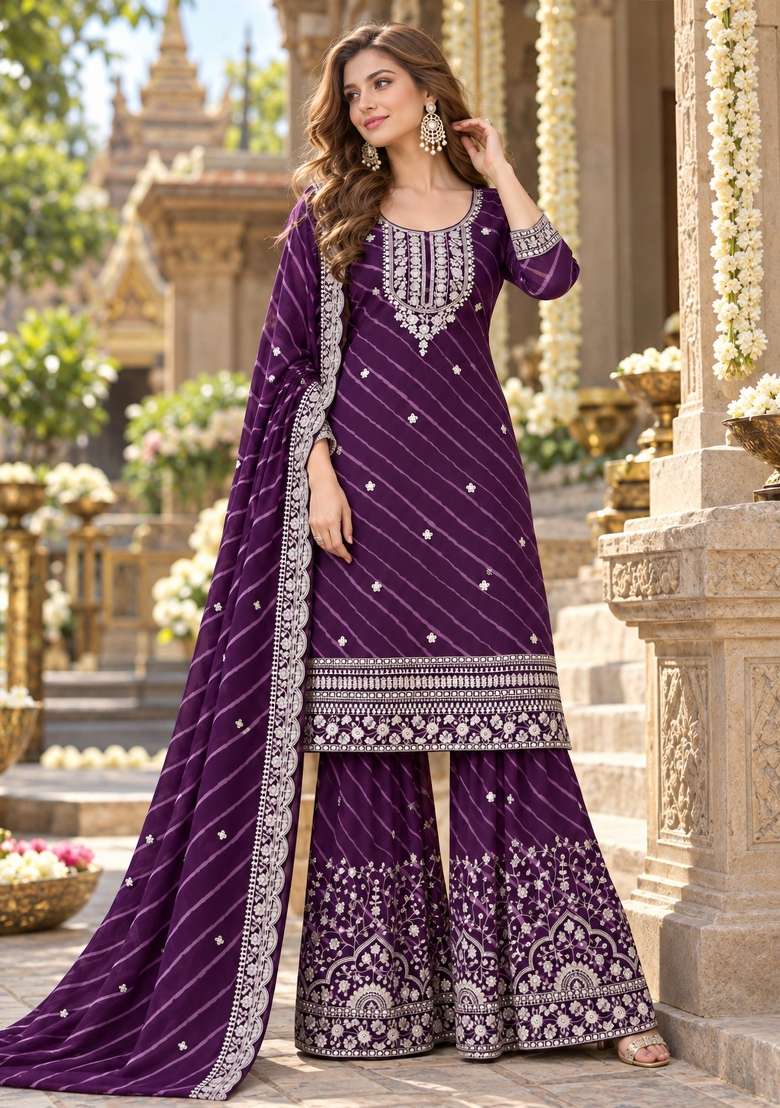 Purple Embroidered Georgette Kurta Set - Indya