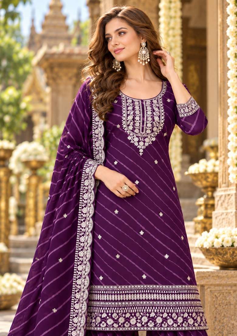 Purple Embroidered Georgette Kurta Set - Indya