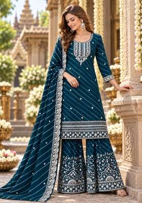 Teal Blue Embroidered Georgette Kurta Set