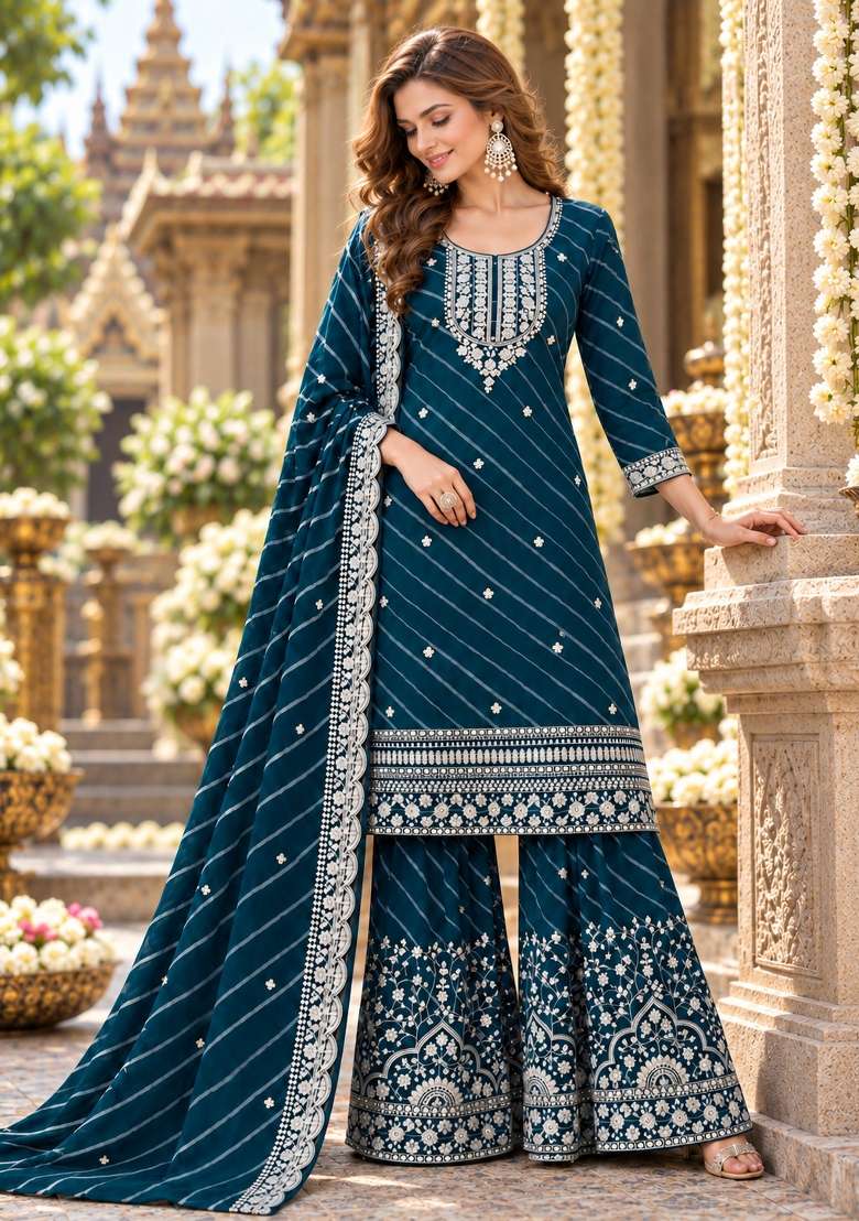 Teal Blue Embroidered Georgette Kurta Set - Indya