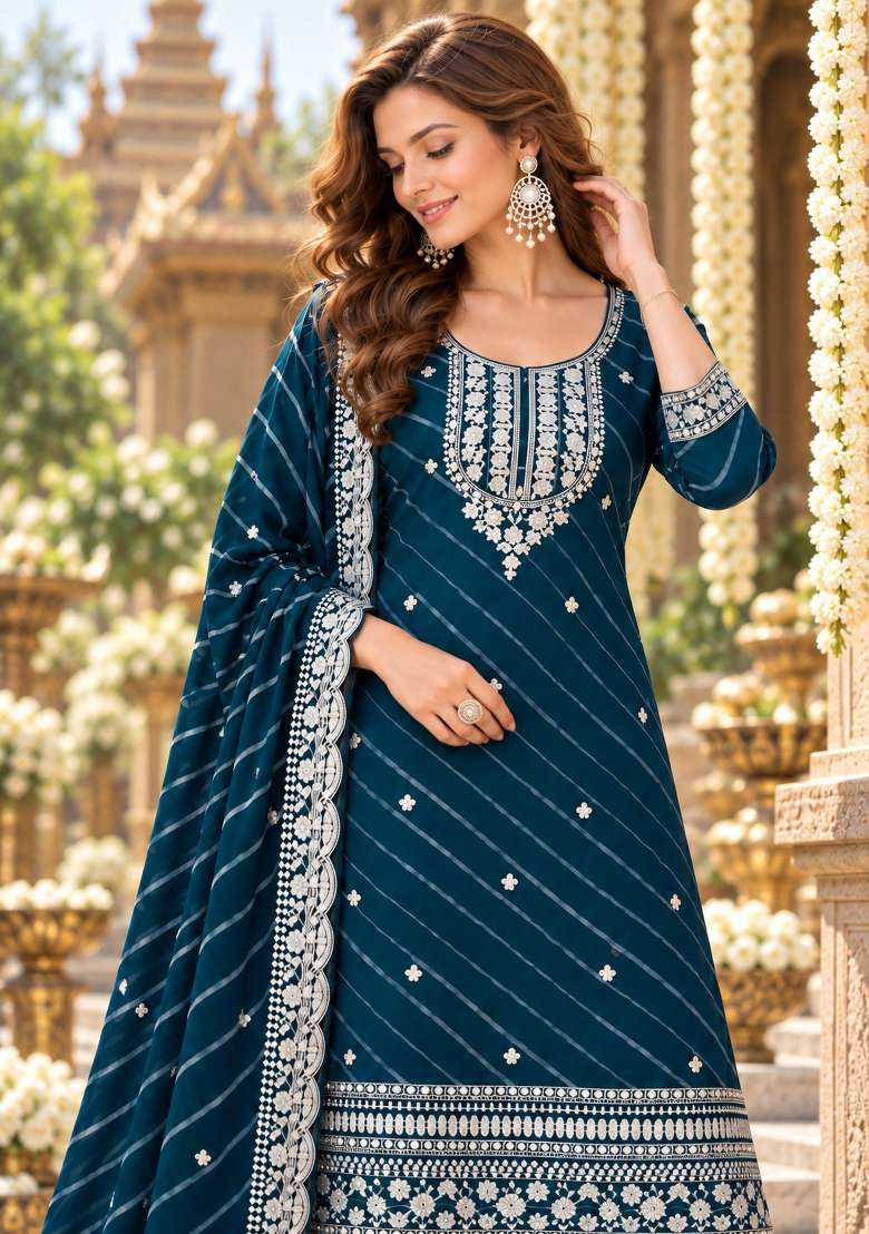 Teal Blue Embroidered Georgette Kurta Set - Indya
