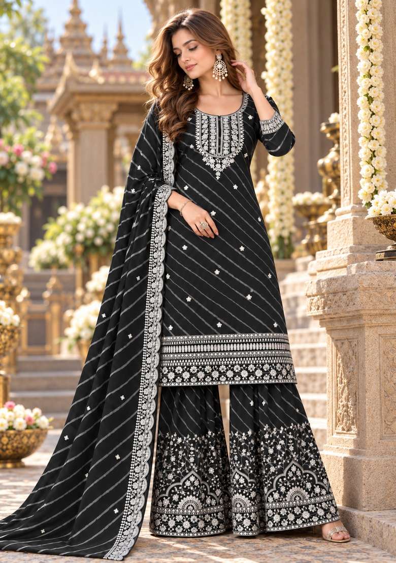 Black Embroidered Georgette Kurta Set - Indya
