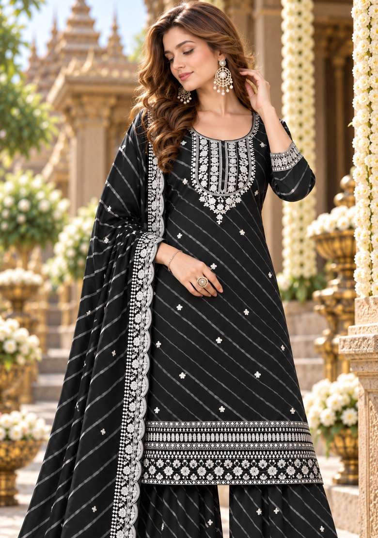 Black Embroidered Georgette Kurta Set - Indya