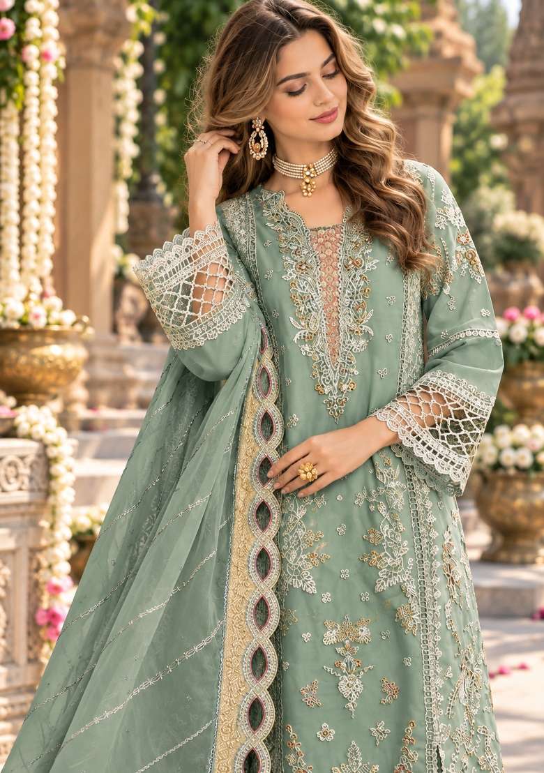 Olive Embroidered Chiffon Kurta Set - Indya